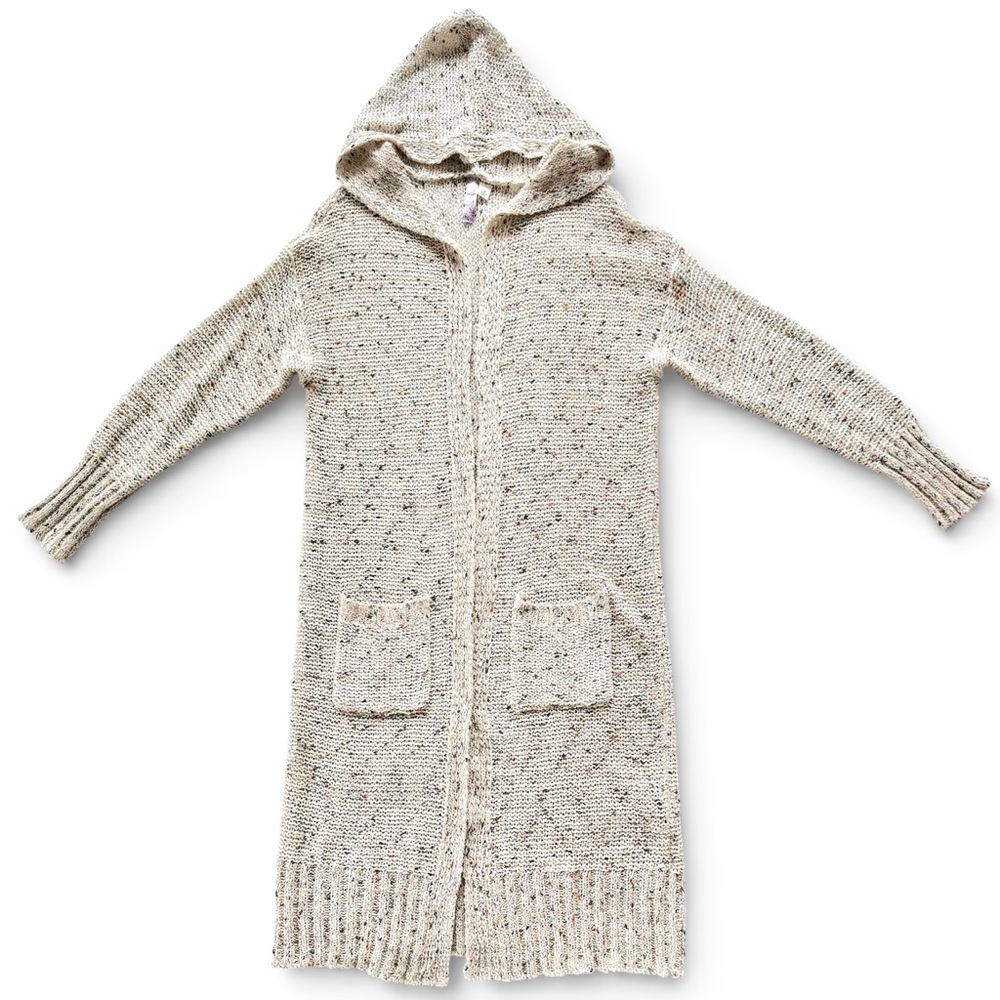 Alya Cream with Multicolor Flecks Long Line Duster Open Front Cardigan Hooded M